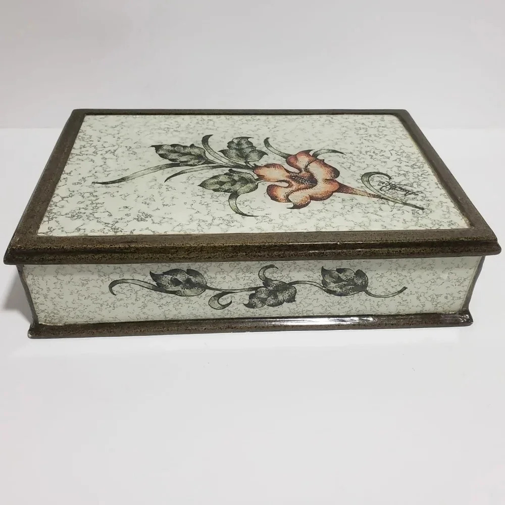 Vintage Signed Amilkar Reverse Painted Green Floral Jewelry Box
